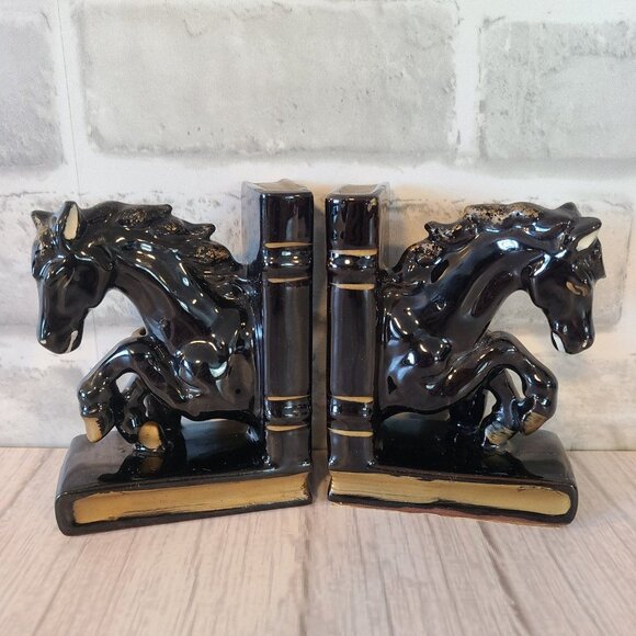 Other - Vintage Black Horse Ceramic Bookends Japan Pen Holders Decor